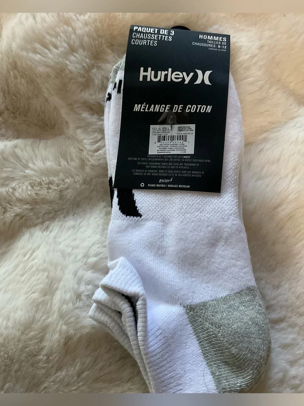 NWT Hurley Men’s Low Cut Cotton Blend 3 Pack of Socks, shoe size 6 - 12, white